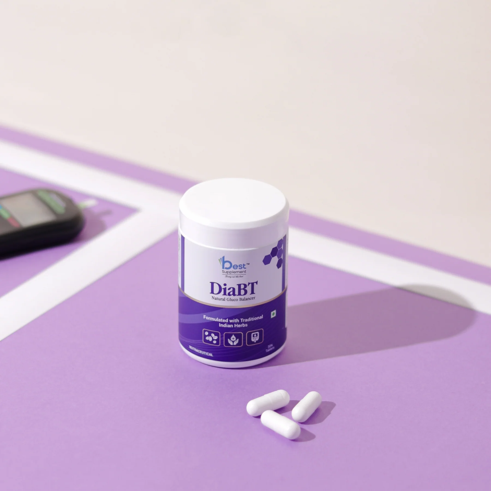 DiaBT Tablets _ “Natural Gluco Balancer with Gymnema, Ashwagandha & Cinnamon to regulate sugar levels and improve energy.”